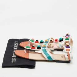 Fendi Multicolor Lizard Embossed and Leather Studded Ankle Cuff Flat Sandals Size 38