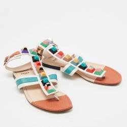 Fendi Multicolor Lizard Embossed and Leather Studded Ankle Cuff Flat Sandals Size 38