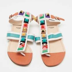 Fendi Multicolor Lizard Embossed and Leather Studded Ankle Cuff Flat Sandals Size 38