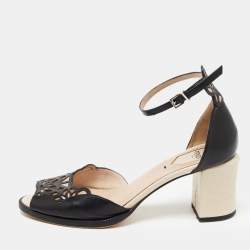 Fendi Black/Beige Laser Cut Leather Block Heel Ankle Strap Sandals Size 38