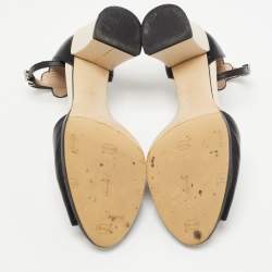 Fendi Black/Beige Laser Cut Leather Block Heel Ankle Strap Sandals Size 38