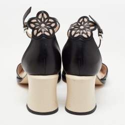 Fendi Black/Beige Laser Cut Leather Block Heel Ankle Strap Sandals Size 38