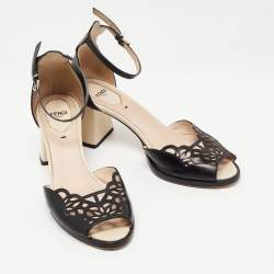 Fendi Black/Beige Laser Cut Leather Block Heel Ankle Strap Sandals Size 38