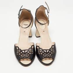 Fendi Black/Beige Laser Cut Leather Block Heel Ankle Strap Sandals Size 38