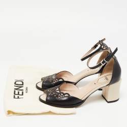 Fendi Black/Beige Laser Cut Leather Block Heel Ankle Strap Sandals Size 38