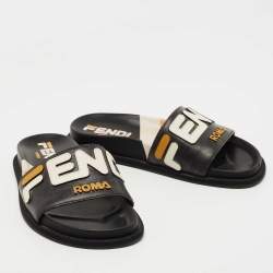 Pre Owned Fendi Black Leather Roma Slide Flats Size 36.5