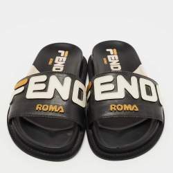 Pre Owned Fendi Black Leather Roma Slide Flats Size 36.5