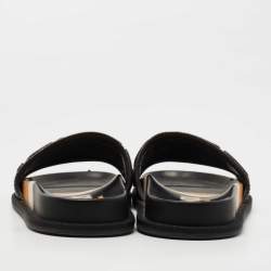 Pre Owned Fendi Black Leather Roma Slide Flats Size 36.5