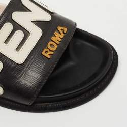 Pre Owned Fendi Black Leather Roma Slide Flats Size 36.5