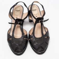 Pre Owned Fendi Black Leather Chameleon Ankle Strap Sandals Size 41 