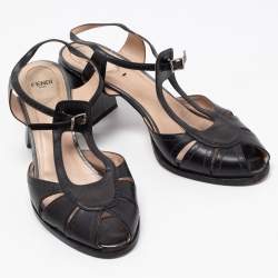 Pre Owned Fendi Black Leather Chameleon Ankle Strap Sandals Size 41 