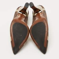 Pre Owned Fendi Brown/Grey Mesh And Leather  FF Logo Printed Colibri Pointed Toe Pumps Size 41