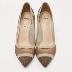 Pre Owned Fendi Brown/Grey Mesh And Leather  FF Logo Printed Colibri Pointed Toe Pumps Size 41