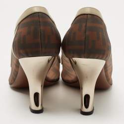 Pre Owned Fendi Brown/Grey Mesh And Leather  FF Logo Printed Colibri Pointed Toe Pumps Size 41