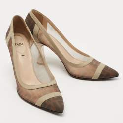 Pre Owned Fendi Brown/Grey Mesh And Leather  FF Logo Printed Colibri Pointed Toe Pumps Size 41