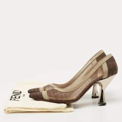 Pre Owned Fendi Brown/Grey Mesh And Leather  FF Logo Printed Colibri Pointed Toe Pumps Size 41