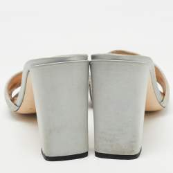 Pre Owned Fendi Grey Satin Logo Embroidered Block Heel Slides Sandals Size 41