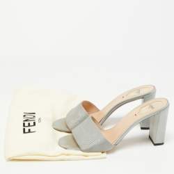 Pre Owned Fendi Grey Satin Logo Embroidered Block Heel Slides Sandals Size 41