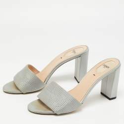 Pre Owned Fendi Grey Satin Logo Embroidered Block Heel Slides Sandals Size 41