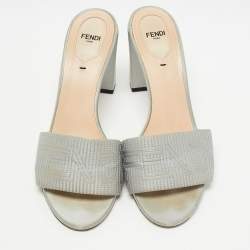 Pre Owned Fendi Grey Satin Logo Embroidered Block Heel Slides Sandals Size 41