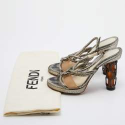 Fendi Metallic Grey Lizard Embossed Leather Chain Cage Heel Platform Sandals Size 40