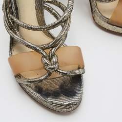 Fendi Metallic Grey Lizard Embossed Leather Chain Cage Heel Platform Sandals Size 40