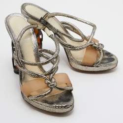 Fendi Metallic Grey Lizard Embossed Leather Chain Cage Heel Platform Sandals Size 40