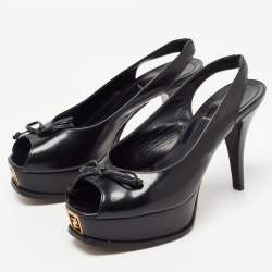 Pre Owned Fendi Black Patent Leather Fendista Platform Slingback Pumps Size 37