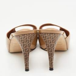 Fendi Beige Patent Leather Zucca Print Heel Peep Toe Slide Sandals Size 39