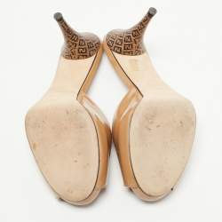 Fendi Beige Patent Leather Zucca Print Heel Peep Toe Slide Sandals Size 39