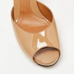 Fendi Beige Patent Leather Zucca Print Heel Peep Toe Slide Sandals Size 39