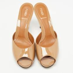 Fendi Beige Patent Leather Zucca Print Heel Peep Toe Slide Sandals Size 39