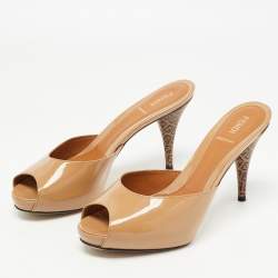 Fendi Beige Patent Leather Zucca Print Heel Peep Toe Slide Sandals Size 39