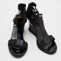 Fendi Black Patent Leather and Stretch Fabric Strappy Wedge Sandals Size 39
