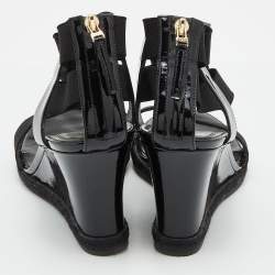 Fendi Black Patent Leather and Stretch Fabric Strappy Wedge Sandals Size 39