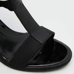 Fendi Black Patent Leather and Stretch Fabric Strappy Wedge Sandals Size 39