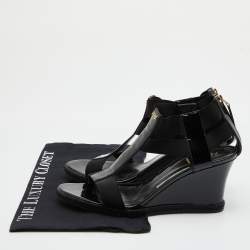 Fendi Black Patent Leather and Stretch Fabric Strappy Wedge Sandals Size 39