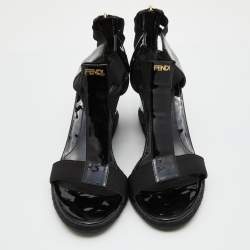 Fendi Black Patent Leather and Stretch Fabric Strappy Wedge Sandals Size 39