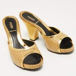 Fendi Gold Leather and Printed Fabric Open Toe Sandals Size 36