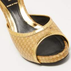 Fendi Gold Leather and Printed Fabric Open Toe Sandals Size 36