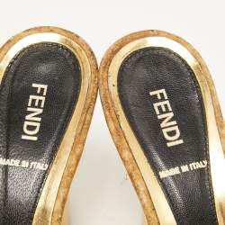 Fendi Gold Leather and Printed Fabric Open Toe Sandals Size 36