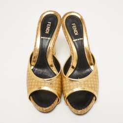 Fendi Gold Leather and Printed Fabric Open Toe Sandals Size 36