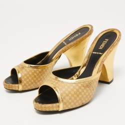 Fendi Gold Leather and Printed Fabric Open Toe Sandals Size 36