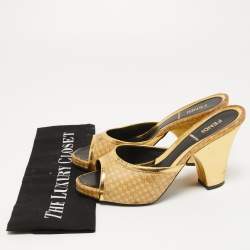 Fendi Gold Leather and Printed Fabric Open Toe Sandals Size 36