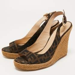 Fendi Brown Zucca Canvas Espadrille Wedge Slingback Sandals Size 40