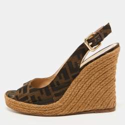 Fendi Brown Zucca Canvas Espadrille Wedge Slingback Sandals Size 40