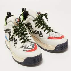 Pre Owned Fendi Grey/Black Leather and FF Fabric T-Rex Sneakers Size 38