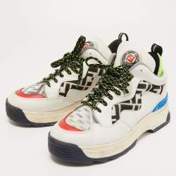 Pre Owned Fendi Grey/Black Leather and FF Fabric T-Rex Sneakers Size 38