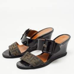 Pre Owned Fendi Black/Brown Patent Leather and Zucca Canvas Demi Wedge Sandals Size 39.5