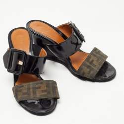 Pre Owned Fendi Black/Brown Patent Leather and Zucca Canvas Demi Wedge Sandals Size 39.5